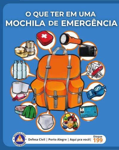 : Infográfico da Defesa Civil de Porto Alegre mostrando os itens recomendados para uma mochila de emergência: água, alimentos não perecíveis, kit de primeiros socorros, lanterna, canivete, apito, roupas, documentos e o telefone 199.